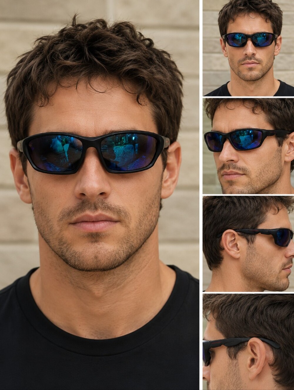 Black Sunglasses with Blue Green Mirror Lenses  Red Stripe Detail Unisex  NWOT
